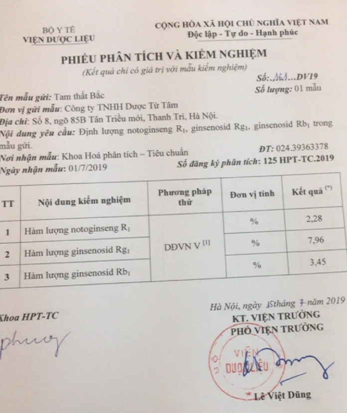 Tam Thất Bắc 13 phiếu kiểm định chất lượng của viện dược liệu